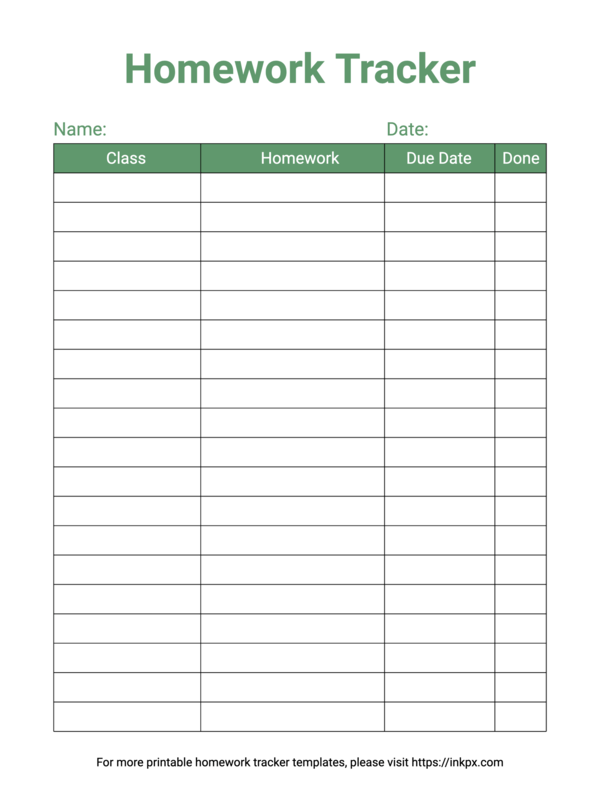 Free Printable Simple Green Color Daily Homework Tracker Template