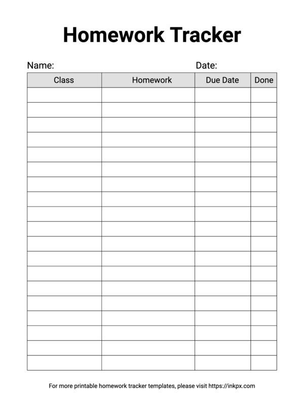 Free Printable Simple Daily Homework Tracker Template