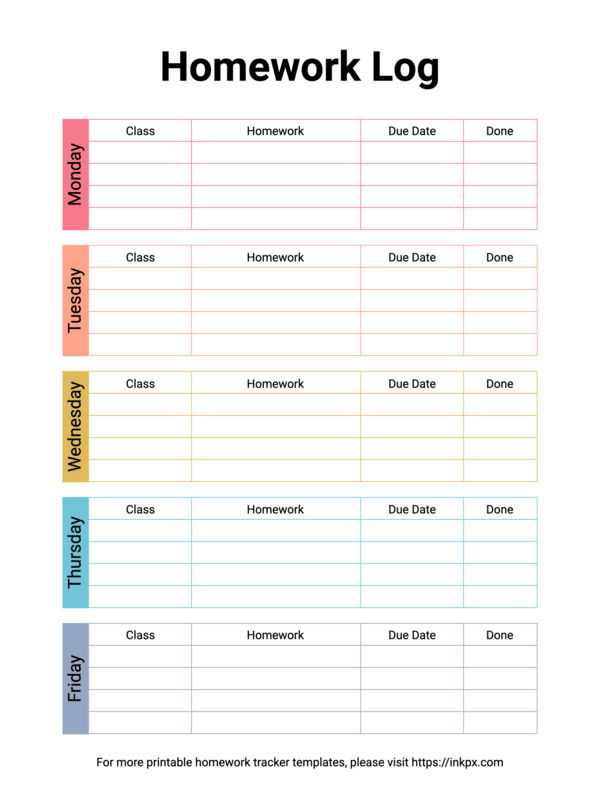 Free Printable Colorful Homework Log Template
