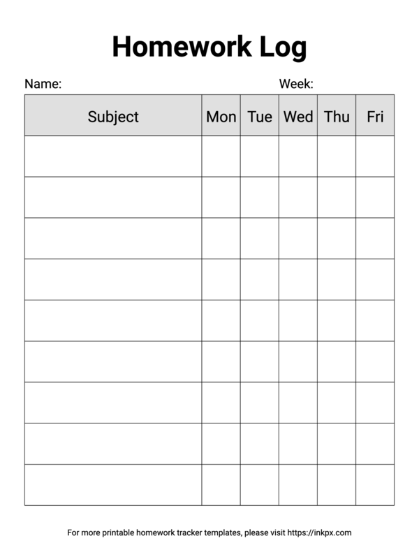 Free Printable Simple Weekly Homework Tracker Template