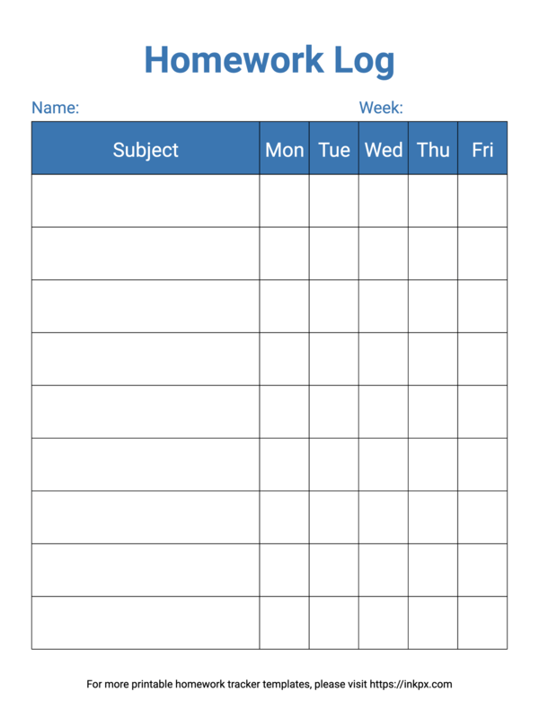 Free Printable Simple Blue Color Weekly Homework Tracker Template