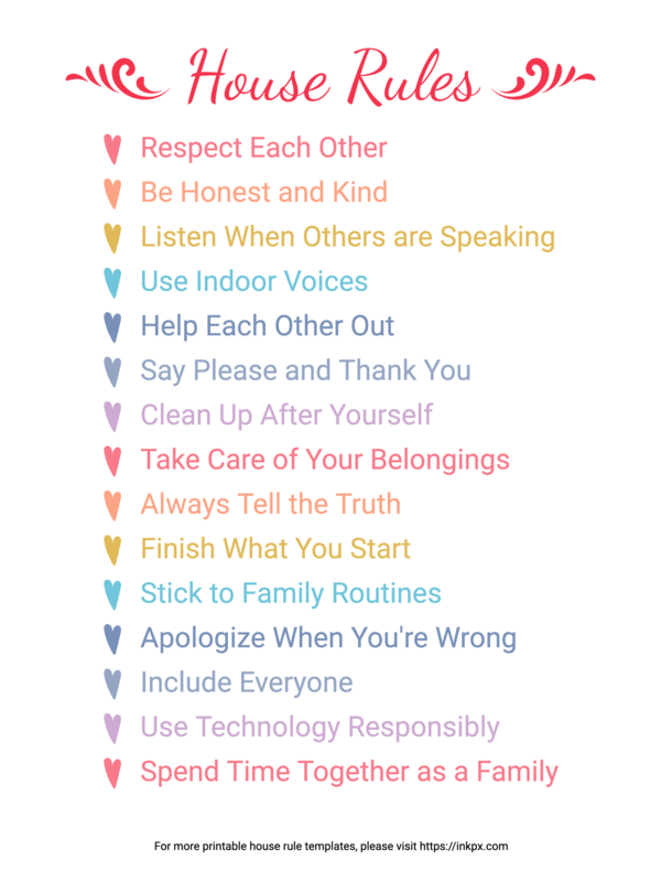 Free Printable Colorful Simple Family House Rule Template