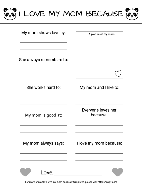 Free Printable I Love My Mom Because Template