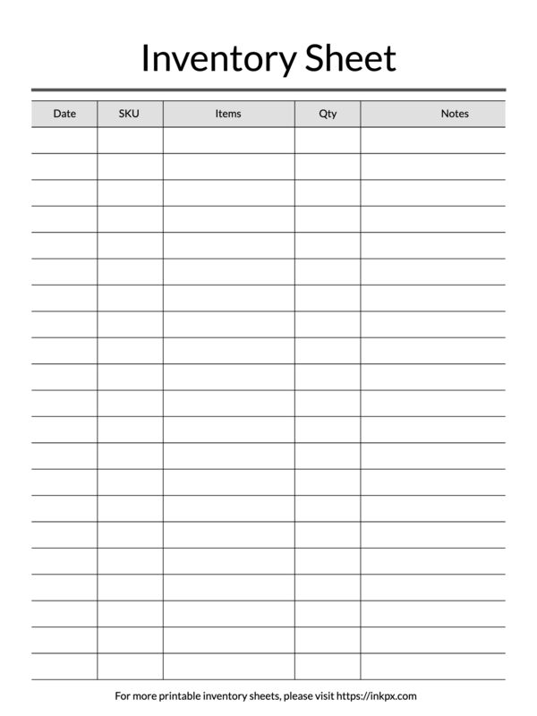 Printable Simple SKU Table Style Inventory Sheet