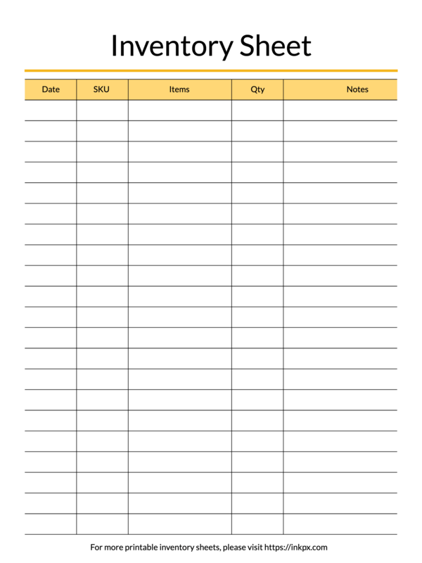 Printable Colored SKU Table Style Inventory Sheet