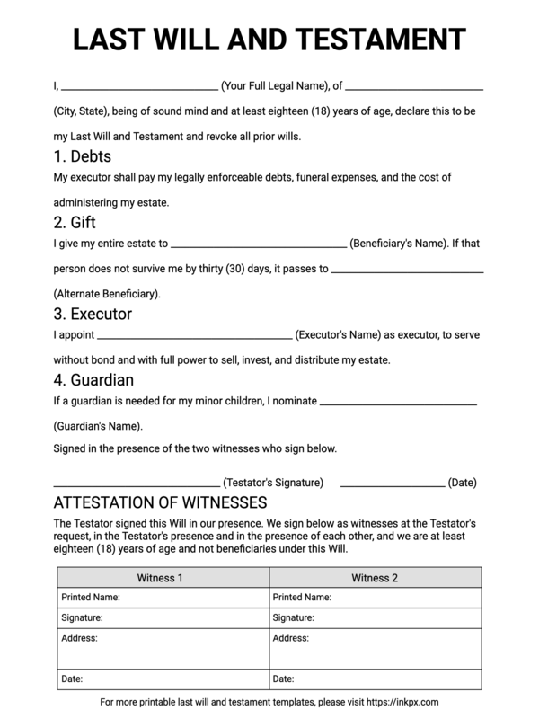 Free Printable Minimalist Last Will and Testament Template
