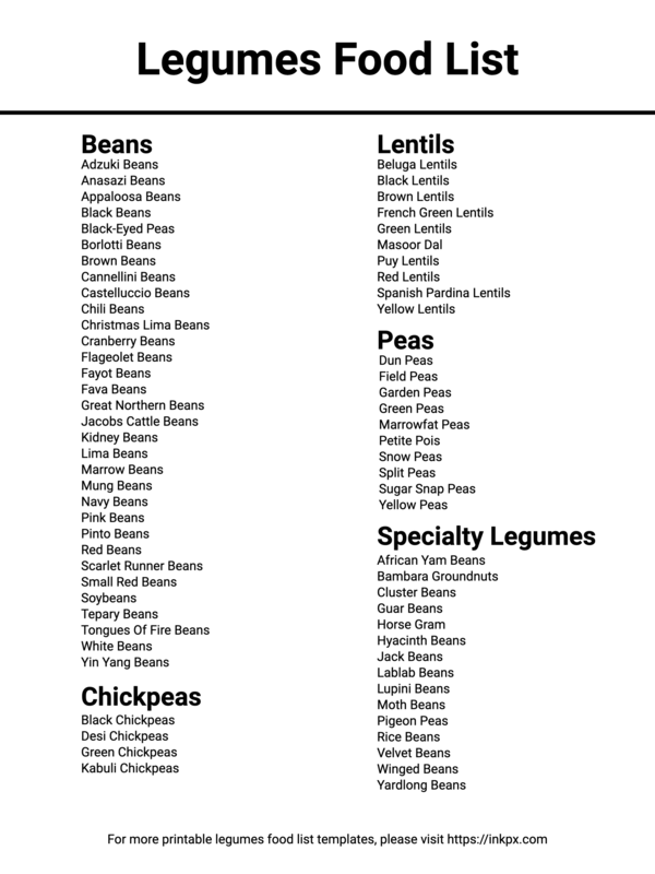 Free Printable Simple Legumes Food List