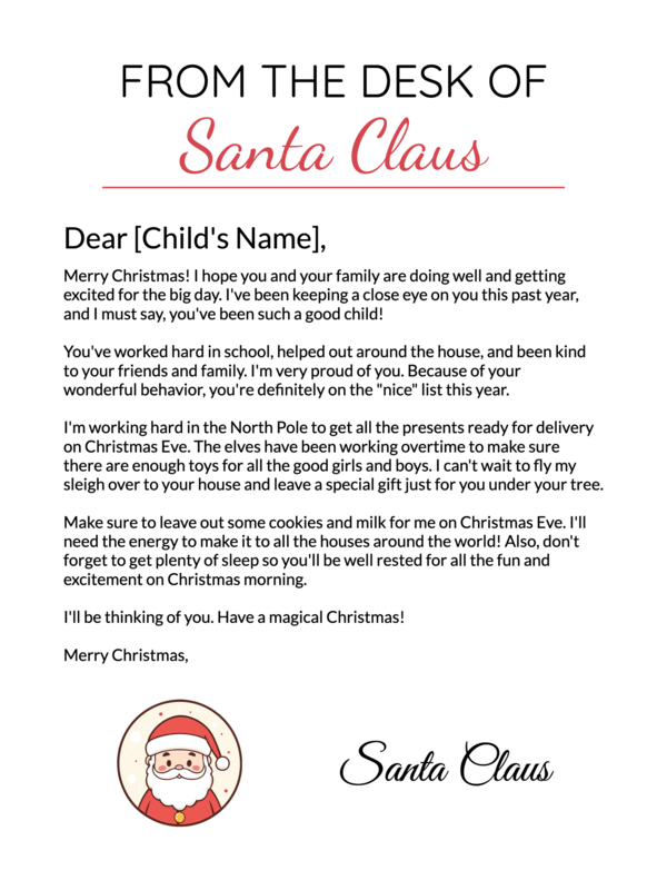 Free Printable Clean Letter From Santa Template