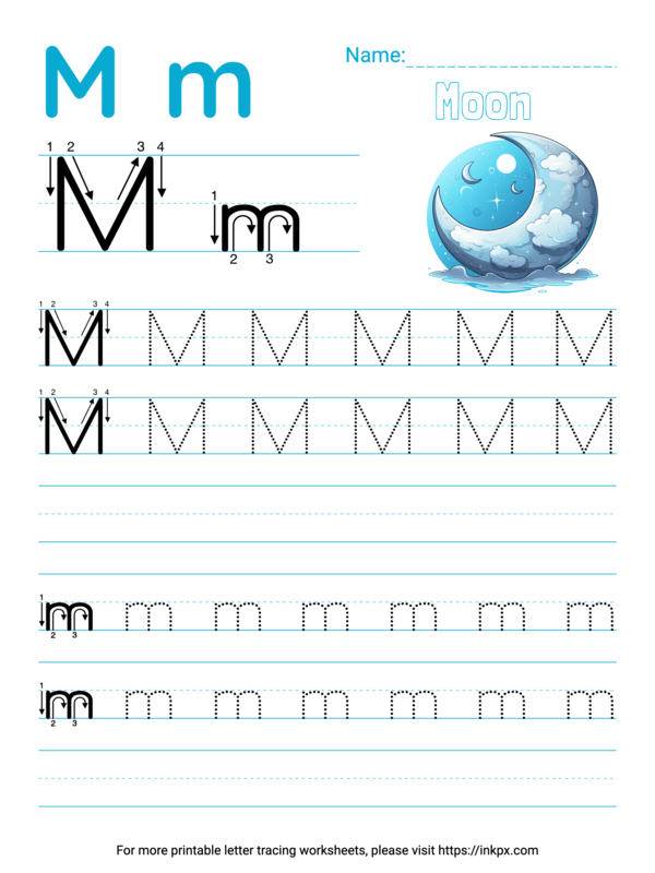 Free Printable Colorful Letter M Tracing Worksheet with Blank Lines