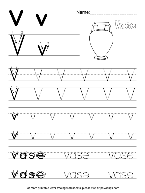 Free Printable Simple Letter V Tracing Worksheet with Word Vase