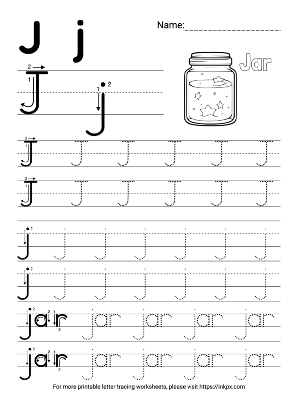 Free Printable Simple Letter J Tracing Worksheet with Word Jar · InkPx
