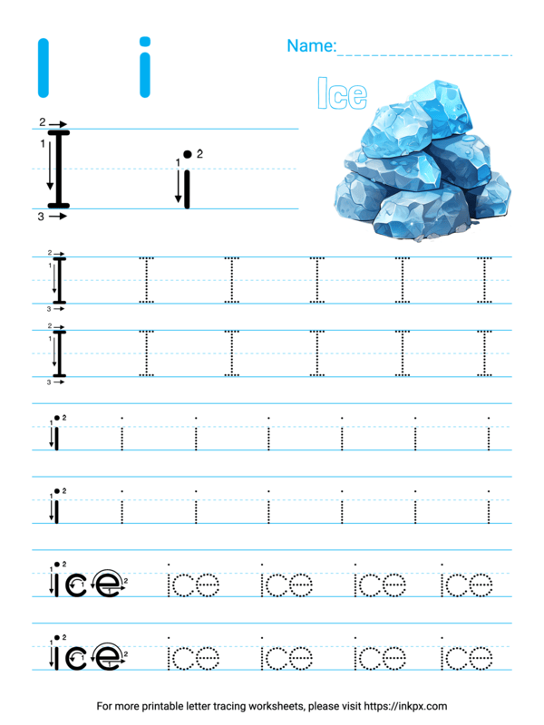 Free Printable Colorful Letter I Tracing Worksheet with Word Ice
