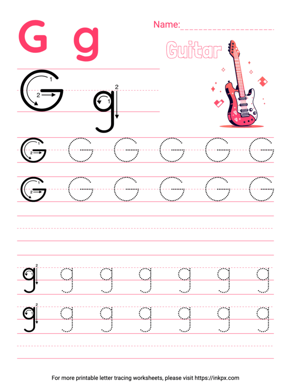 Free Printable Colorful Letter G Tracing Worksheet with Blank Lines