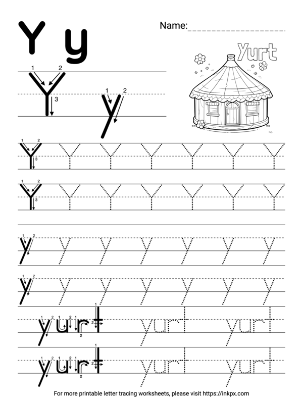 Free Printable Simple Letter Y Tracing Worksheet With Yurt · Inkpx 1552