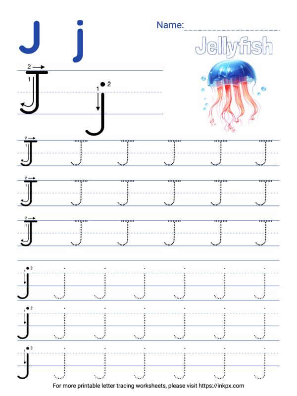 Free Printable Colorful Letter J Tracing Worksheet