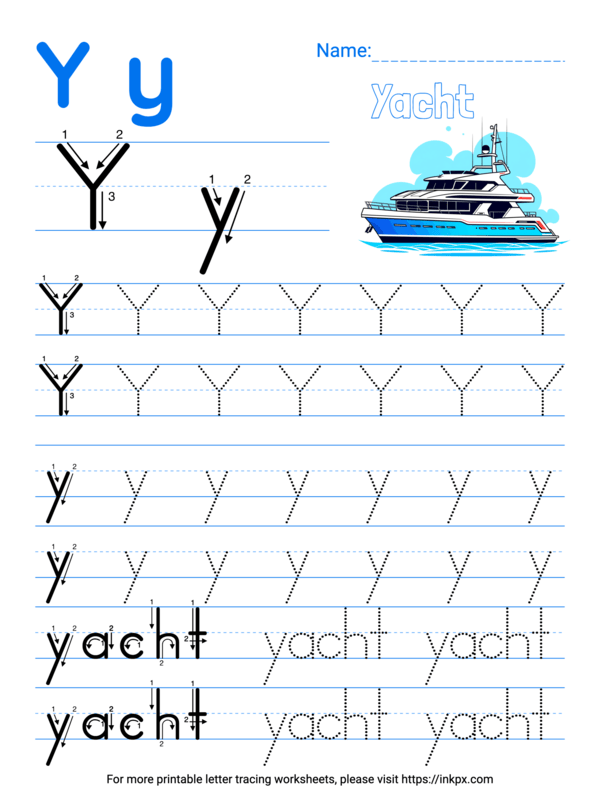 Free Printable Colorful Letter Y Tracing Worksheet with Word Yacht · InkPx