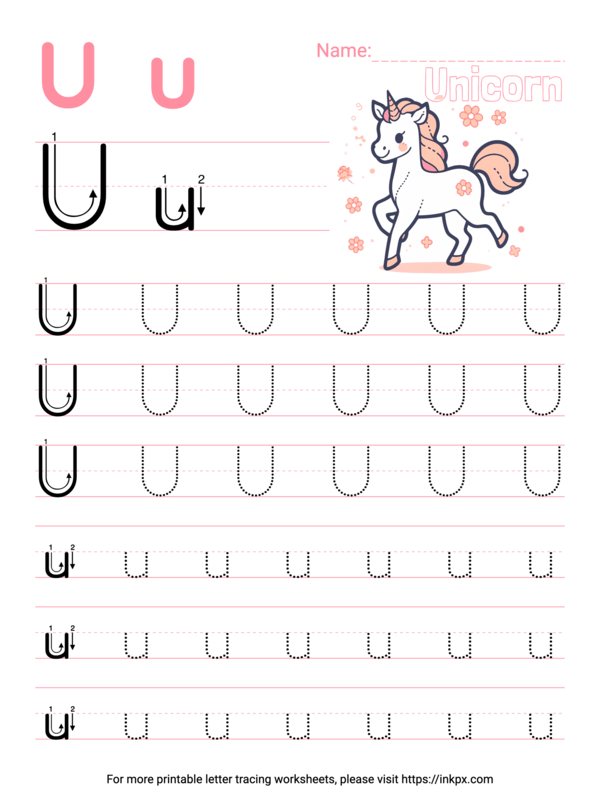 Free Printable Colorful Letter U Tracing Worksheet