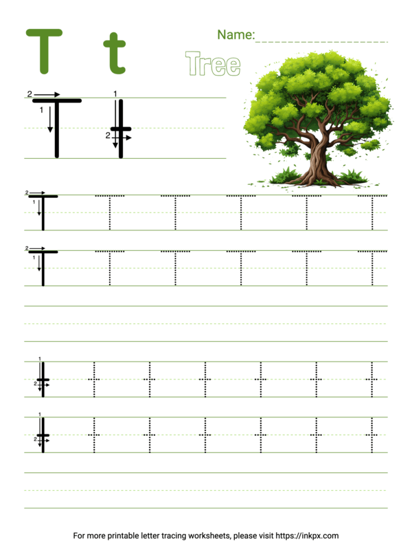 Free Printable Colorful Letter T Tracing Worksheet with Blank Lines