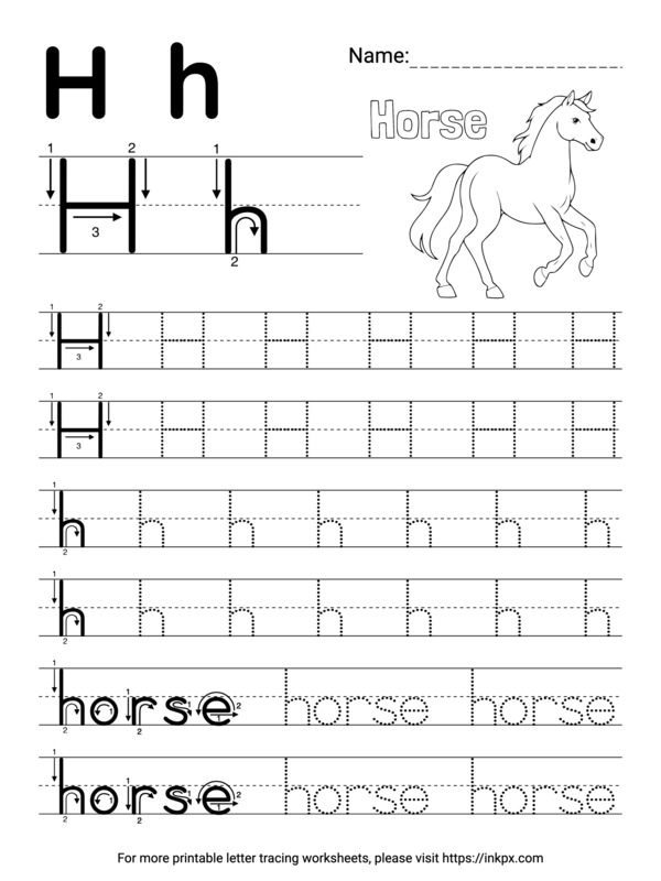 Printable Simple Letter H Tracing Worksheet with Word Horse · InkPx