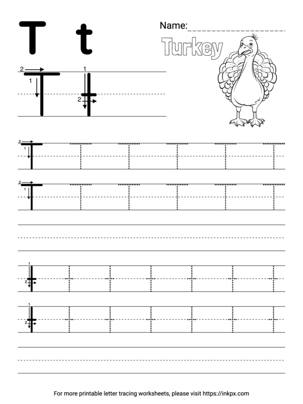 Free Printable Simple Letter T Tracing Worksheet with Blank Lines · InkPx