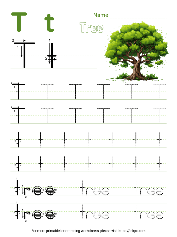 Free Printable Colorful Letter T Tracing Worksheet with Word Tree