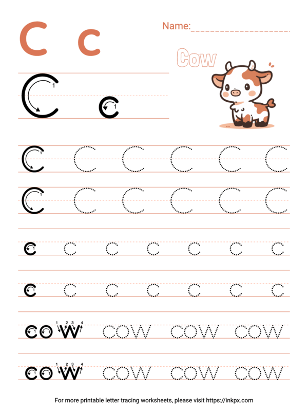 Free Printable Colorful Letter C Tracing Worksheet with Word Cow · InkPx