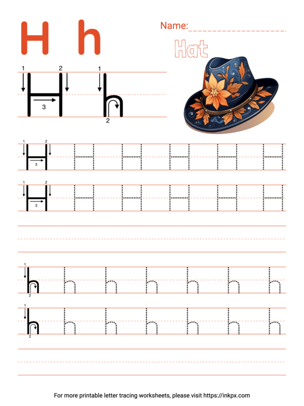 Free Printable Colorful Letter H Tracing Worksheet with Blank Lines