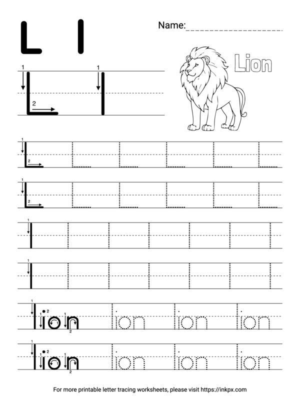 Free Printable Simple Letter L Tracing Worksheet with Word Lion · InkPx