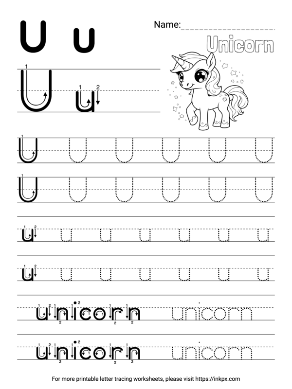 Free Printable Simple Letter U Tracing Worksheet with Word Unicorn · InkPx