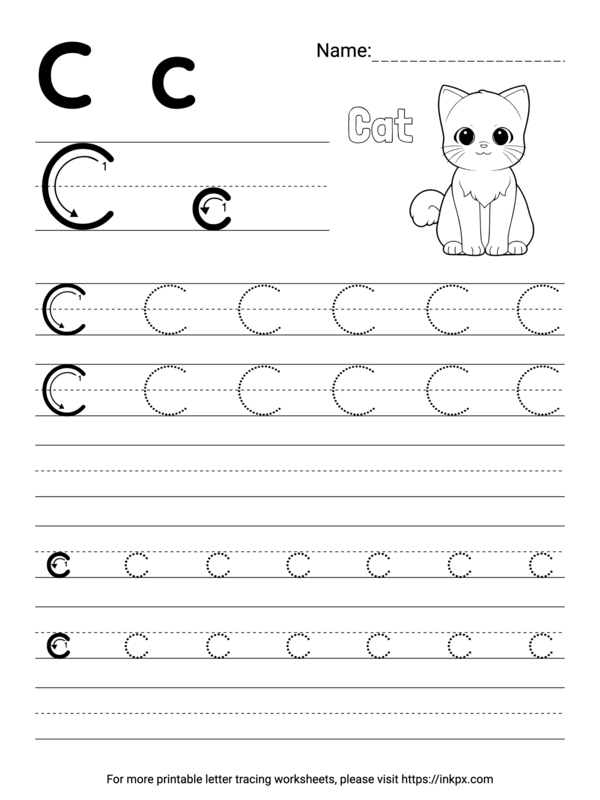 Free Printable Simple Letter C Tracing Worksheet with Blank Lines · InkPx