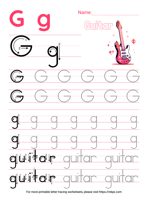 Free Printable Colorful Letter G Tracing Worksheet with Word Guitar