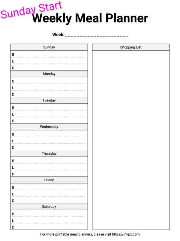 Free Printable Clean Style Weekly Meal Planner (Sunday Start) Template ...