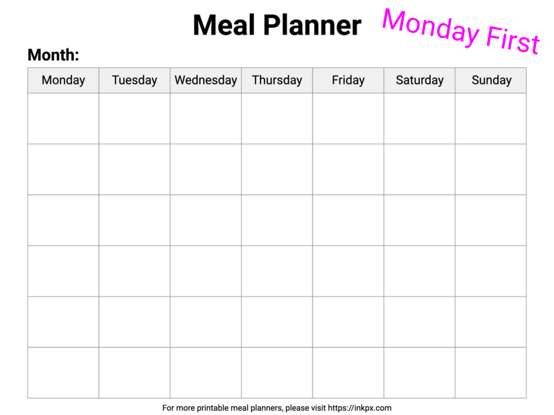 Free Printable Minimalist Style Monthly Meal Planner (Monday Start)