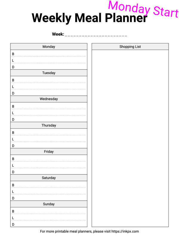 Free Printable Clean Style Weekly Meal Planner (Monday Start) Template