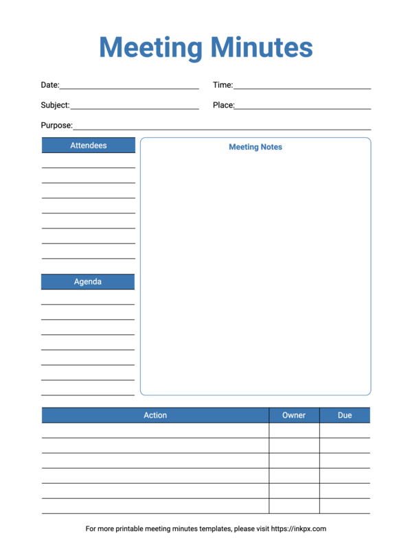 Free Printable Blue Color Simple Meeting Minutes Template
