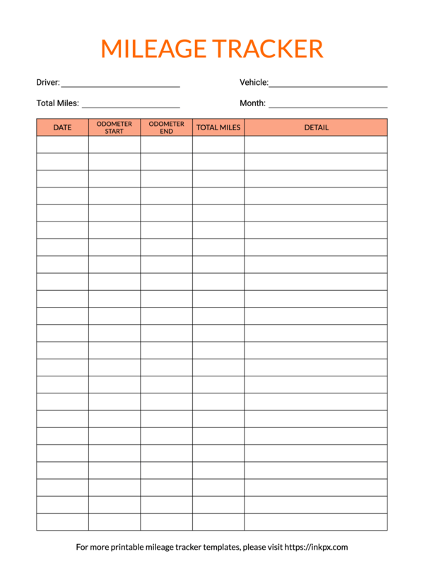 Printable Colored Odometer Detailed Mileage Tracker Template