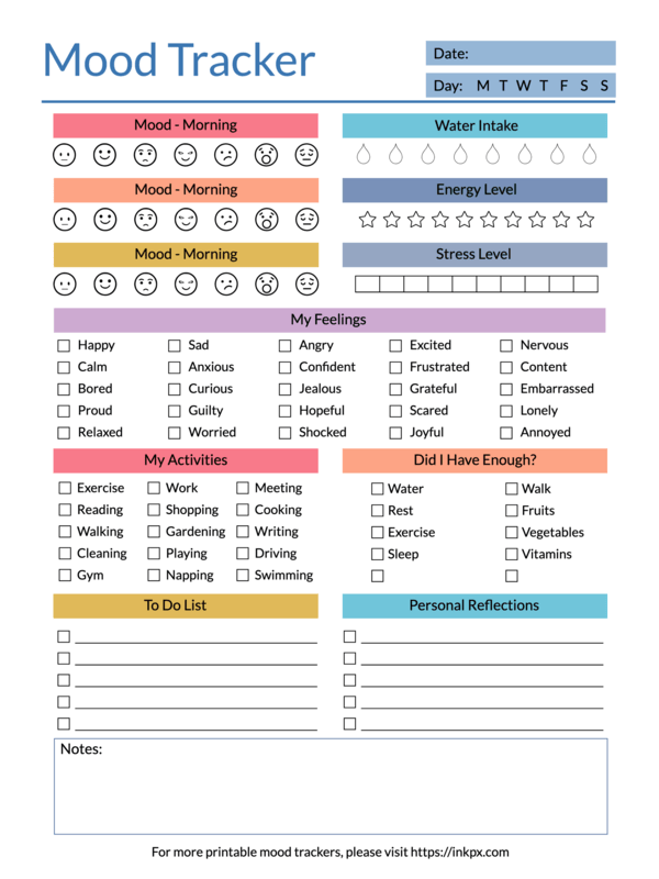 Printable Colorful Daily Mood Tracker Template