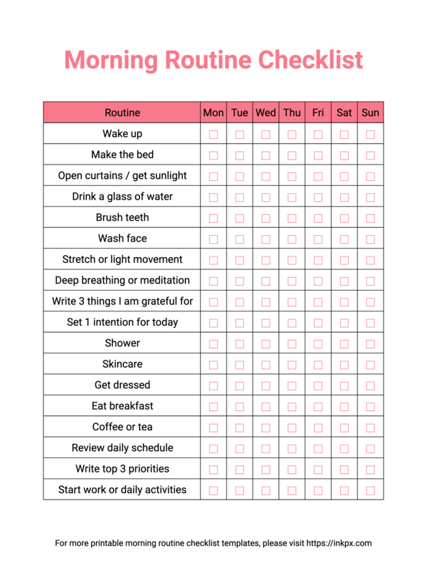 Free Printable Colorful Weekly Morning Routine Checklist