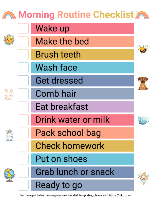 Free Printable Colorful Daily Morning Routine Checklist for Kids