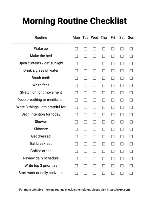 Free Printable Minimalist Weekly Morning Routine Checklist