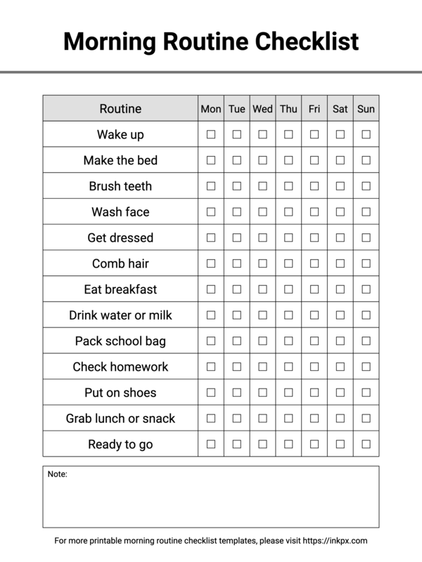 Free Printable Simple Weekly Morning Routine Checklist for Kids