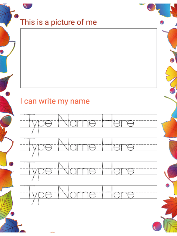 Editable and Printable Autumn Leaves Border Name Tracing Worksheet Template