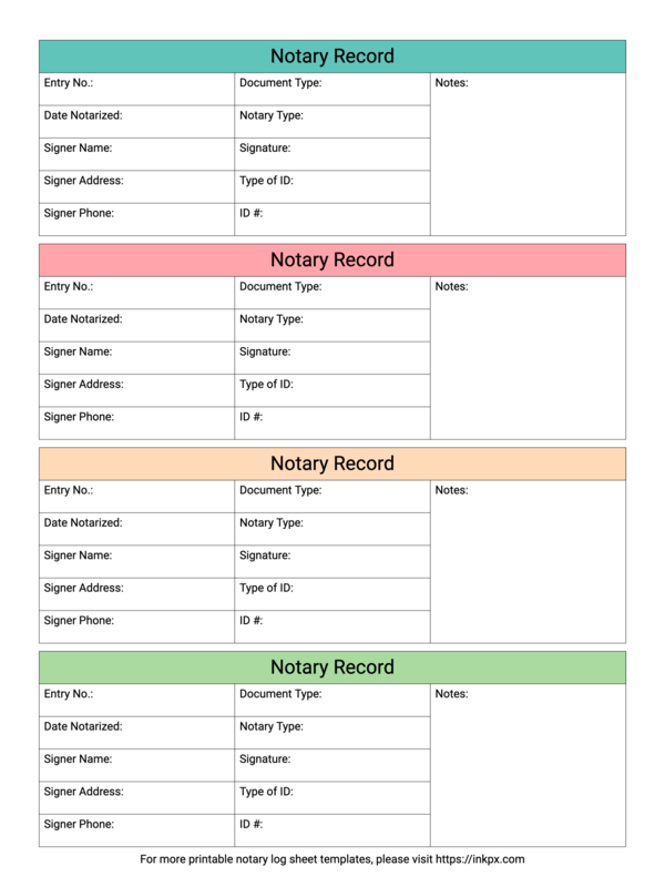 Free Printable Simple Colorful Notary Log Sheet Template