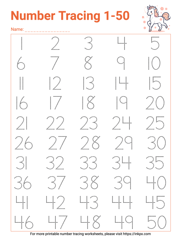 Printable Colorful 1-50 Number Tracing Worksheet