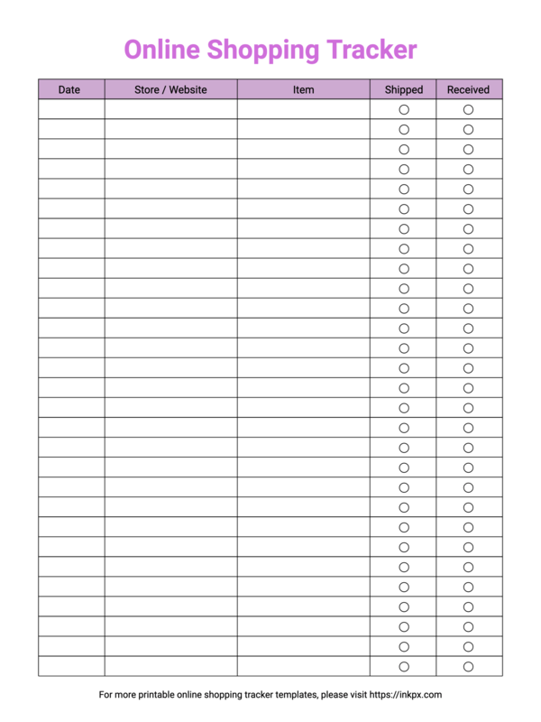 Free Printable Lilac Plain Online Purchases Tracker Template