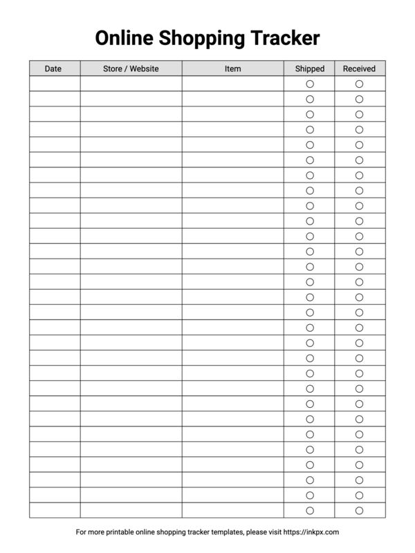 Free Printable Plain Online Purchases Tracker Template