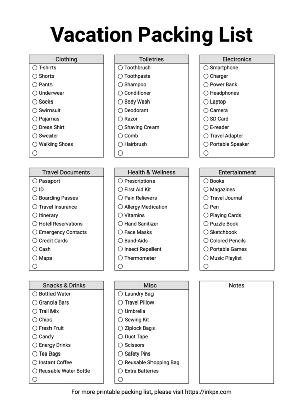Free Printable Rect Style Vacation Packing List Template