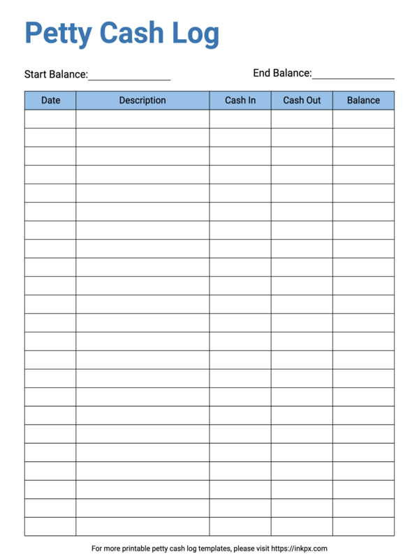 Free Printable Blue Color Petty Cash Log Template