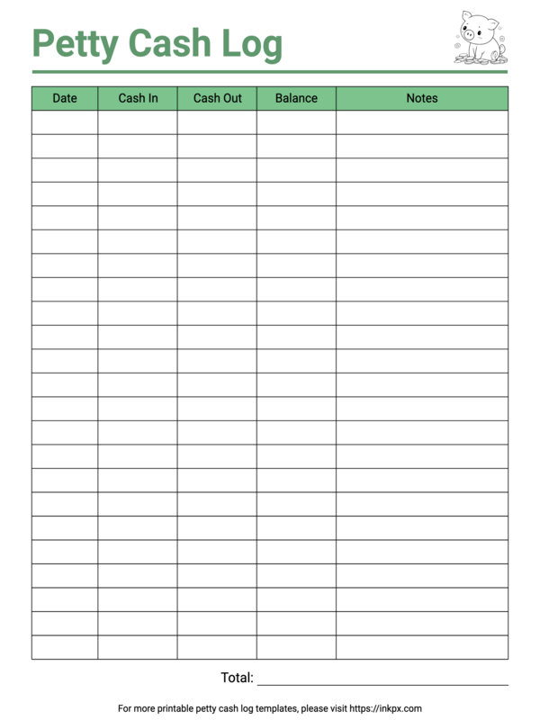 Free Printable Green Color Minimalist Petty Cash Log