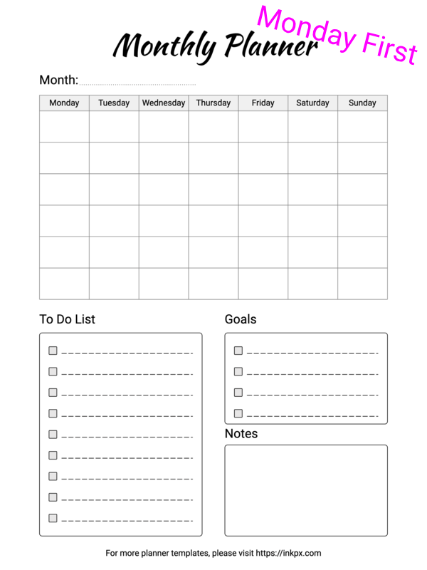 Free Printable Minimalist Style Montyly Planner Template (Monday First)
